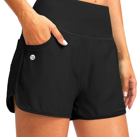 Women's 3" High Waisted Swim Board Shorts with Pockets - Black - Large - Picture 1 of 6